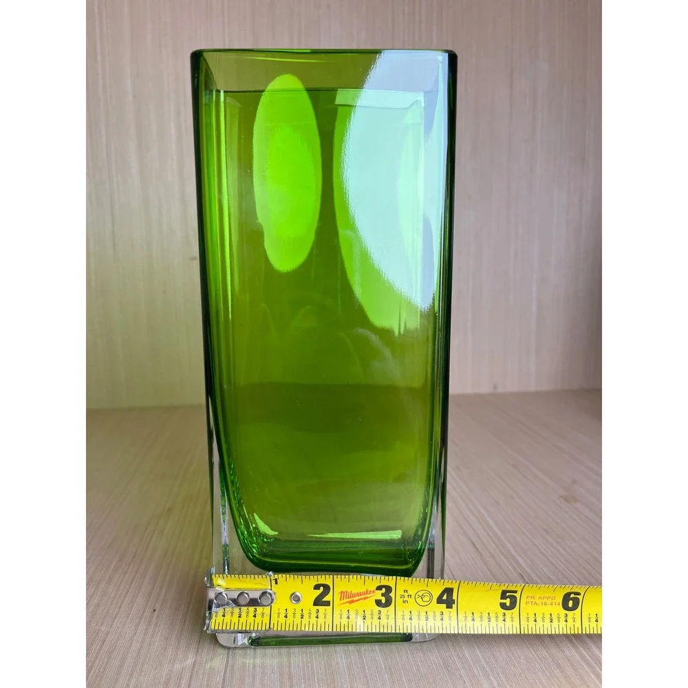 Vintage Emerald Green Glass Rectangular Bud Vase Heavy Clear Base Modernist MCM